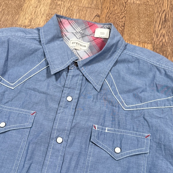 Stetson Chambray Western Pearl Snap Blue L/S Button Shirt Mens Large - Picture 6 of 13